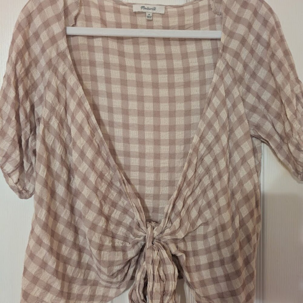 Madewell tan gingham wrap top